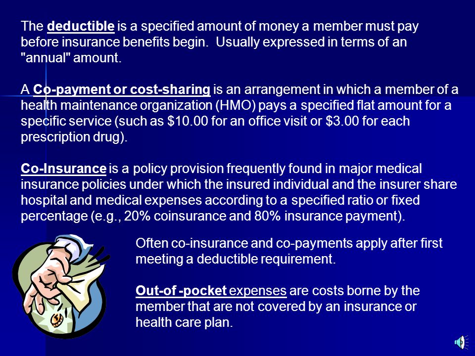 The deductible is a specified amount of money a member must pay before insurance benefits begin.