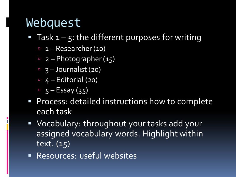 Webquest  Task 1 – 5: the different purposes for writing  1 – Researcher (10)  2 – Photographer (15)  3 – Journalist (20)  4 – Editorial (20)  5 – Essay (35)  Process: detailed instructions how to complete each task  Vocabulary: throughout your tasks add your assigned vocabulary words.