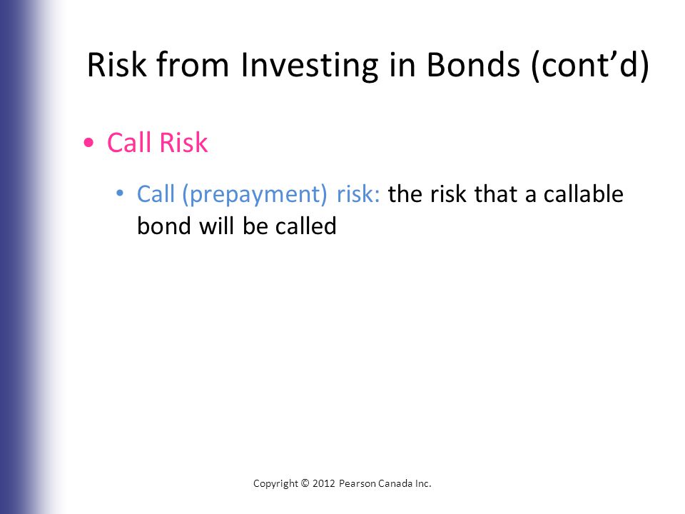 Risk from Investing in Bonds (cont’d) Call Risk Call (prepayment) risk: the risk that a callable bond will be called Copyright © 2012 Pearson Canada Inc.