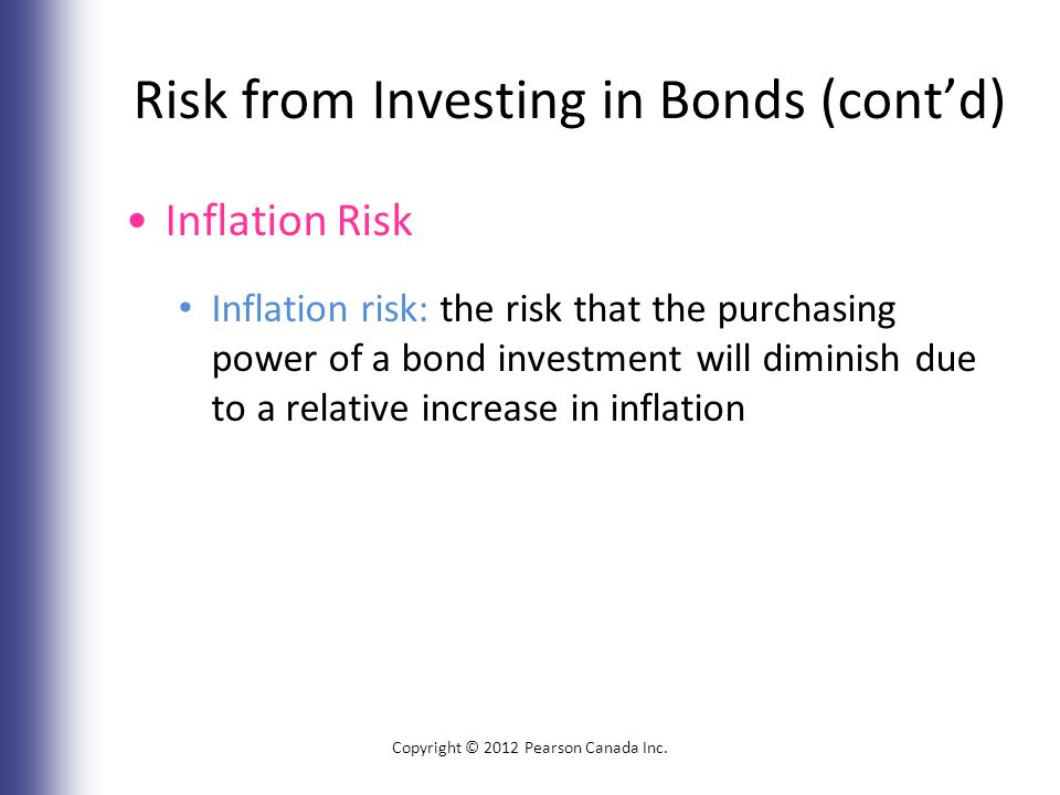 Risk from Investing in Bonds (cont’d) Inflation Risk Inflation risk: the risk that the purchasing power of a bond investment will diminish due to a relative increase in inflation Copyright © 2012 Pearson Canada Inc.