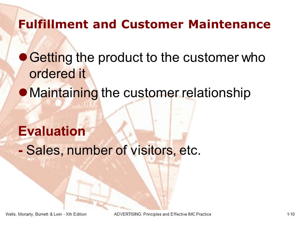 Wells, Moriarty, Burnett & Lwin - Xth EditionADVERTISING Principles and Effective IMC Practice1-10 Fulfillment and Customer Maintenance Getting the product to the customer who ordered it Maintaining the customer relationship Evaluation - Sales, number of visitors, etc.