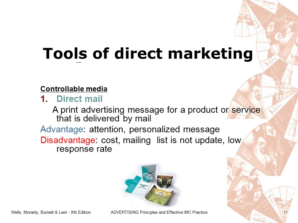 Wells, Moriarty, Burnett & Lwin - Xth EditionADVERTISING Principles and Effective IMC Practice11 Controllable media 1.Direct mail A print advertising message for a product or service that is delivered by mail Advantage: attention, personalized message Disadvantage: cost, mailing list is not update, low response rate Tools of direct marketing