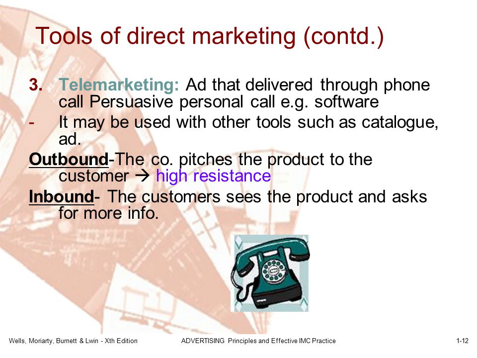 Wells, Moriarty, Burnett & Lwin - Xth EditionADVERTISING Principles and Effective IMC Practice Telemarketing: Ad that delivered through phone call Persuasive personal call e.g.