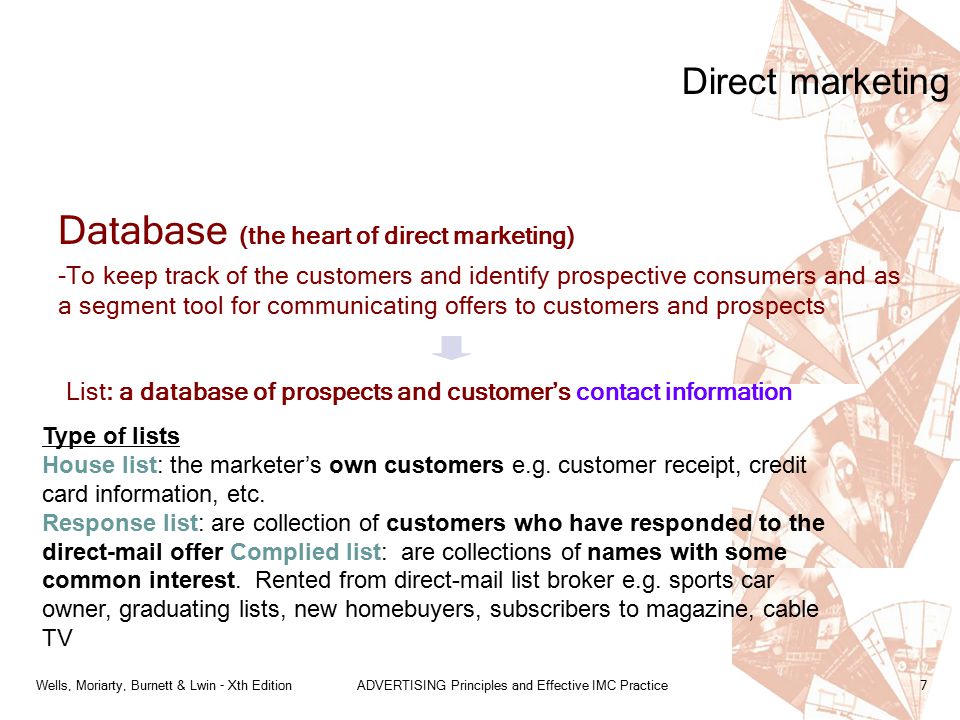 Wells, Moriarty, Burnett & Lwin - Xth EditionADVERTISING Principles and Effective IMC Practice7 Direct marketing Database (the heart of direct marketing) -To keep track of the customers and identify prospective consumers and as a segment tool for communicating offers to customers and prospects List: a database of prospects and customer’s contact information Type of lists House list: the marketer’s own customers e.g.
