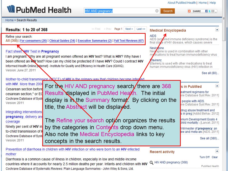 For the HIV AND pregnancy search, there are 368 Results displayed in PubMed Health.