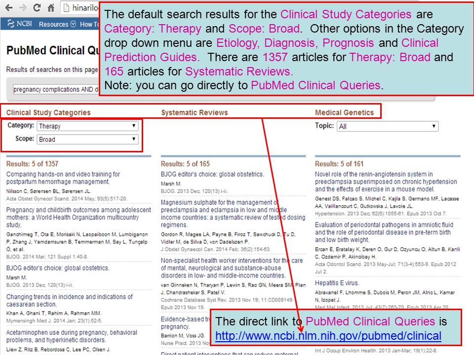 The default search results for the Clinical Study Categories are Category: Therapy and Scope: Broad.