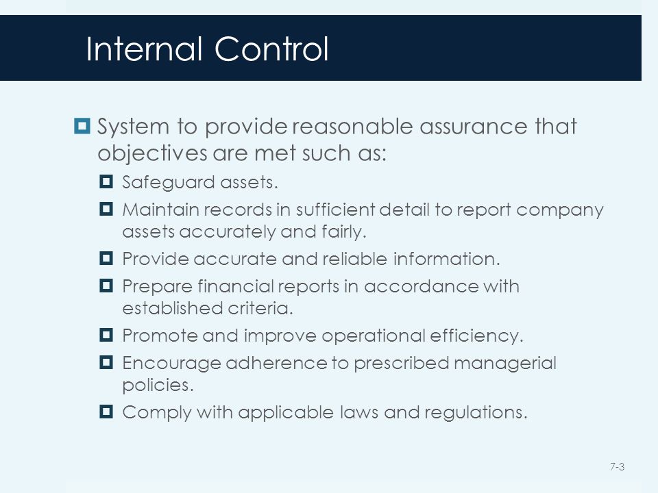 Internal Control  System to provide reasonable assurance that objectives are met such as:  Safeguard assets.