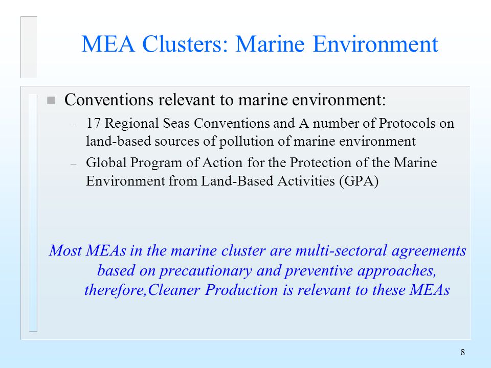 8 MEA Clusters: Marine Environment n Conventions relevant to marine environment: – 17 Regional Seas Conventions and A number of Protocols on land-based sources of pollution of marine environment – Global Program of Action for the Protection of the Marine Environment from Land-Based Activities (GPA) Most MEAs in the marine cluster are multi-sectoral agreements based on precautionary and preventive approaches, therefore,Cleaner Production is relevant to these MEAs
