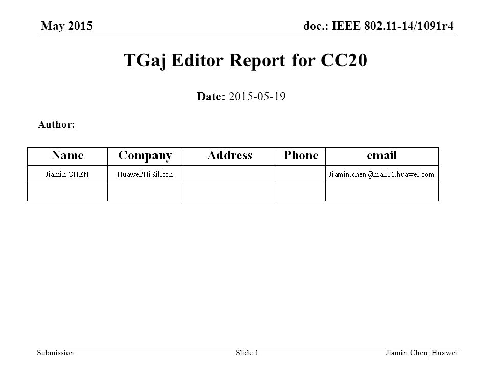 doc.: IEEE /1091r4 Submission May 2015 TGaj Editor Report for CC20 Jiamin Chen, HuaweiSlide 1 Date: Author:
