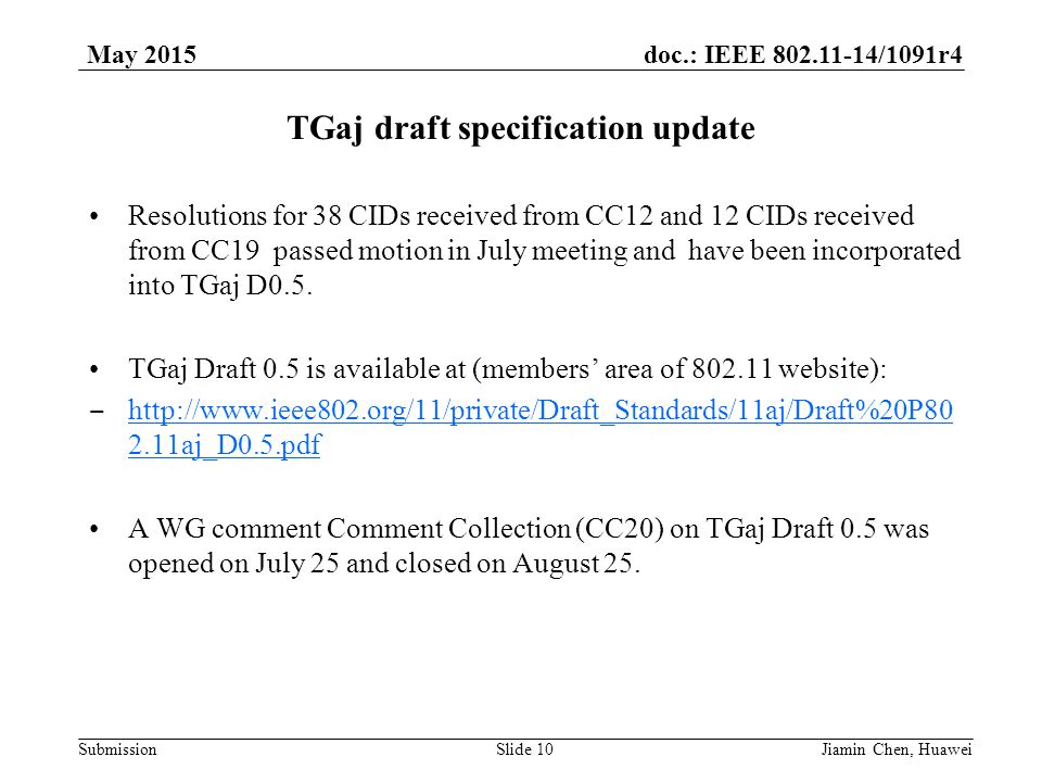 doc.: IEEE /1091r4 Submission May 2015 TGaj draft specification update Resolutions for 38 CIDs received from CC12 and 12 CIDs received from CC19 passed motion in July meeting and have been incorporated into TGaj D0.5.
