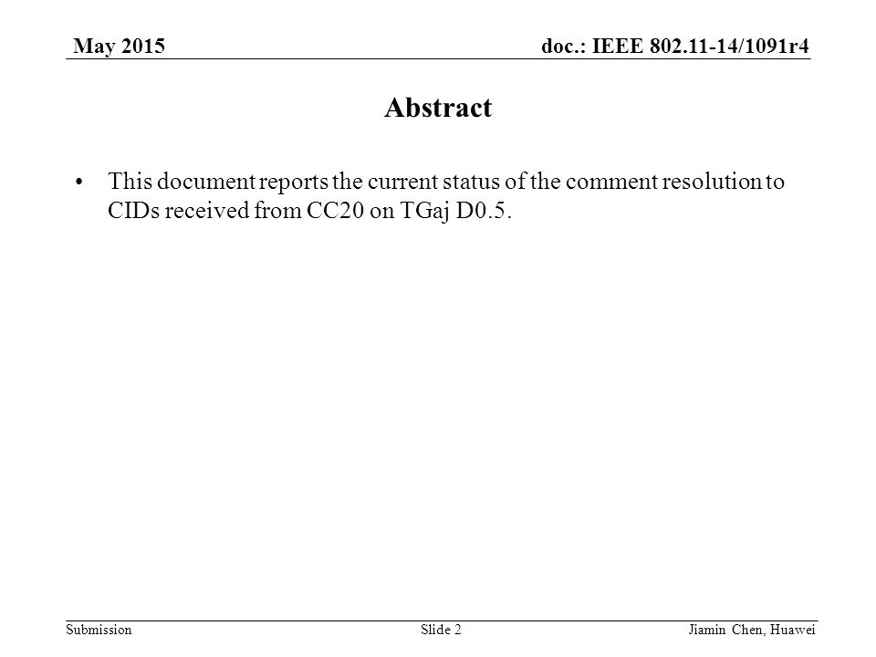 doc.: IEEE /1091r4 Submission May 2015 Abstract This document reports the current status of the comment resolution to CIDs received from CC20 on TGaj D0.5.
