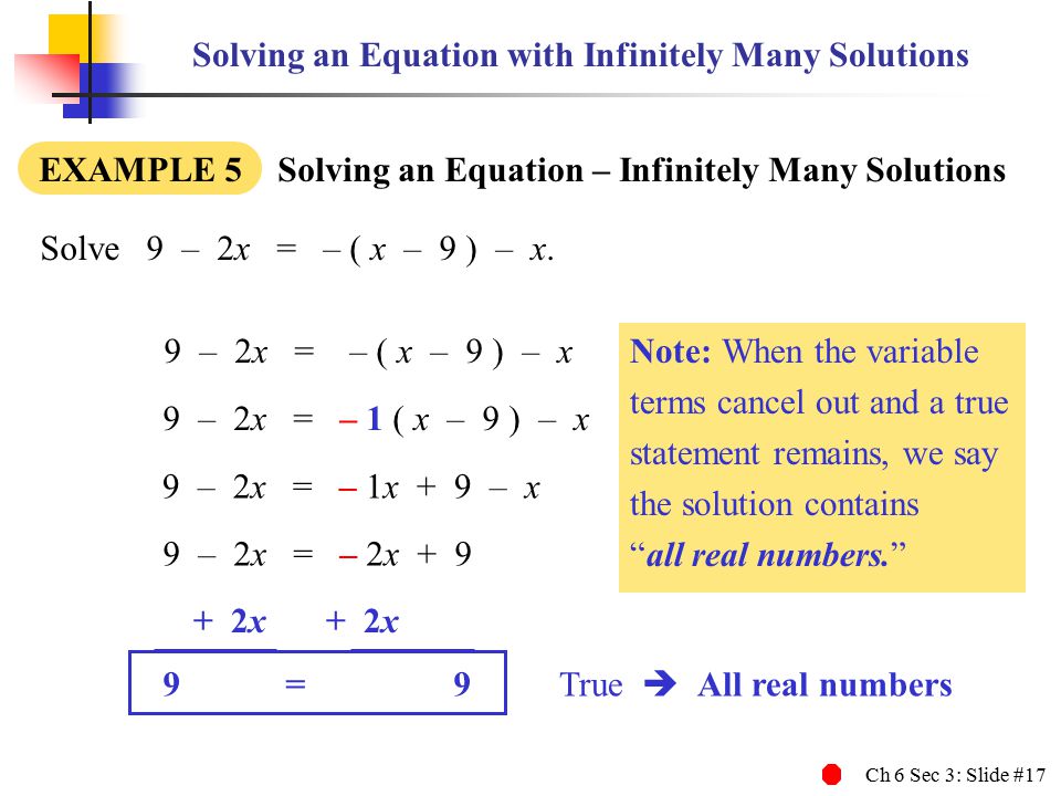 Ch 6 Sec 3: Slide #17 Solving an Equation with Infinitely Many Solutions EXAMPLE 5 Solving an Equation – Infinitely Many Solutions Solve9 – 2x = – ( x – 9 ) – x.