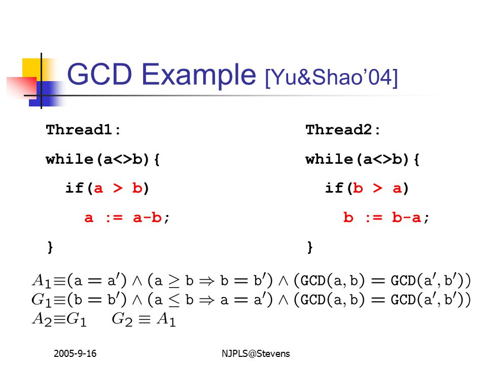GCD Example [Yu&Shao’04] Thread1: while(a<>b){ if(a > b) a := a-b; } Thread2: while(a<>b){ if(b > a) b := b-a; }