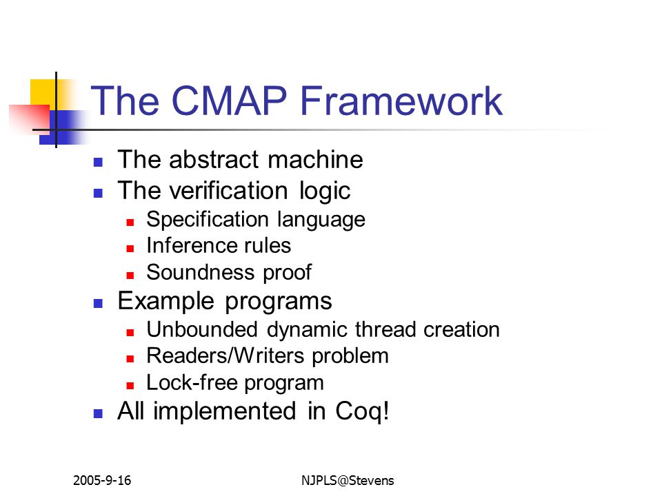 The CMAP Framework The abstract machine The verification logic Specification language Inference rules Soundness proof Example programs Unbounded dynamic thread creation Readers/Writers problem Lock-free program All implemented in Coq!