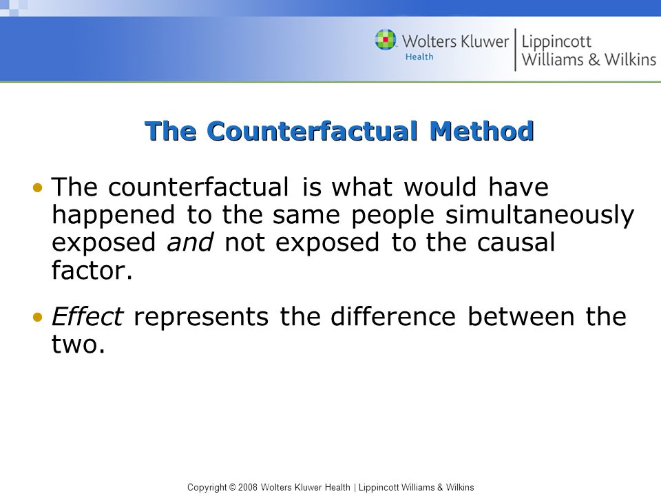 Copyright © 2008 Wolters Kluwer Health | Lippincott Williams & Wilkins The Counterfactual Method The counterfactual is what would have happened to the same people simultaneously exposed and not exposed to the causal factor.