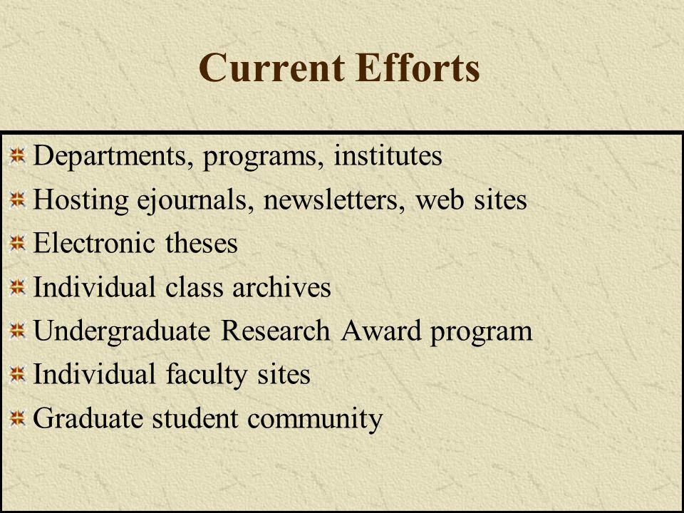 Current Efforts Departments, programs, institutes Hosting ejournals, newsletters, web sites Electronic theses Individual class archives Undergraduate Research Award program Individual faculty sites Graduate student community