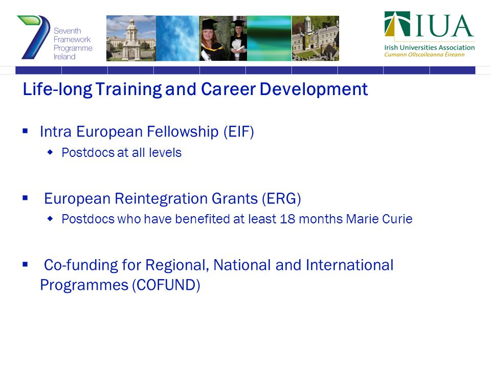 Life-long Training and Career Development  Intra European Fellowship (EIF)  Postdocs at all levels  European Reintegration Grants (ERG)  Postdocs who have benefited at least 18 months Marie Curie  Co-funding for Regional, National and International Programmes (COFUND)
