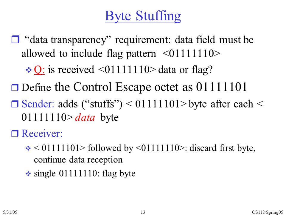 5/31/05CS118/Spring0513 Byte Stuffing r data transparency requirement: data field must be allowed to include flag pattern  Q: is received data or flag.