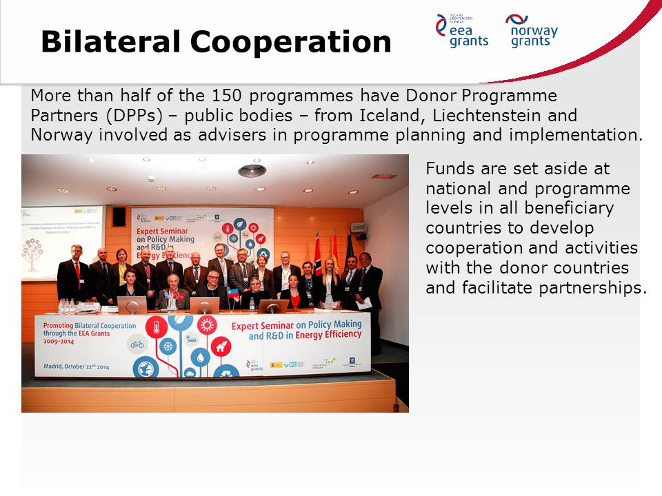 Bilateral Cooperation More than half of the 150 programmes have Donor Programme Partners (DPPs) – public bodies – from Iceland, Liechtenstein and Norway involved as advisers in programme planning and implementation.