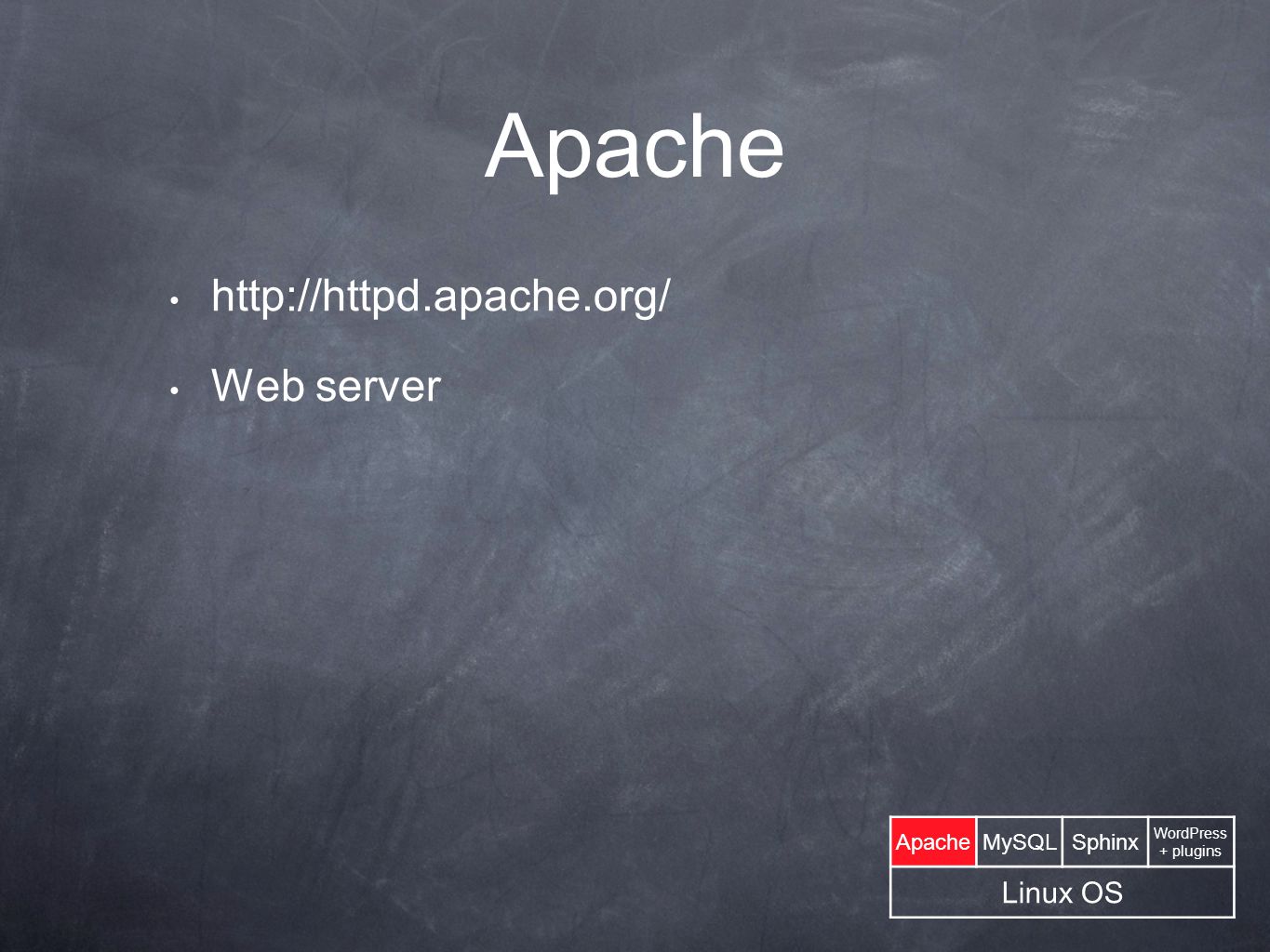 Apache   Web server ApacheMySQLSphinx WordPress + plugins Linux OS