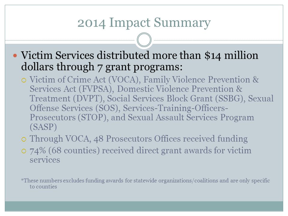 2014 Impact Summary Victim Services distributed more than $14 million dollars through 7 grant programs:  Victim of Crime Act (VOCA), Family Violence Prevention & Services Act (FVPSA), Domestic Violence Prevention & Treatment (DVPT), Social Services Block Grant (SSBG), Sexual Offense Services (SOS), Services-Training-Officers- Prosecutors (STOP), and Sexual Assault Services Program (SASP)  Through VOCA, 48 Prosecutors Offices received funding  74% (68 counties) received direct grant awards for victim services *These numbers excludes funding awards for statewide organizations/coalitions and are only specific to counties