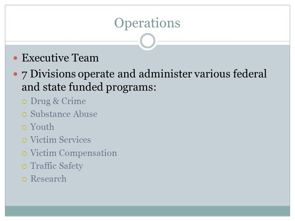 Operations Executive Team 7 Divisions operate and administer various federal and state funded programs:  Drug & Crime  Substance Abuse  Youth  Victim Services  Victim Compensation  Traffic Safety  Research