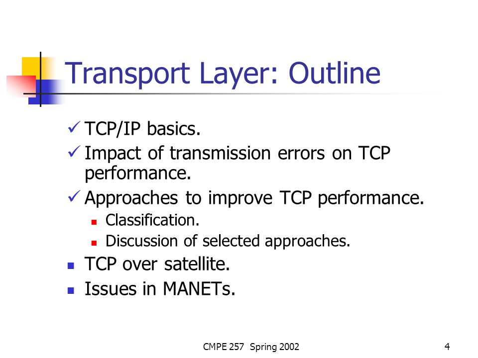 CMPE 257 Spring Transport Layer: Outline TCP/IP basics.