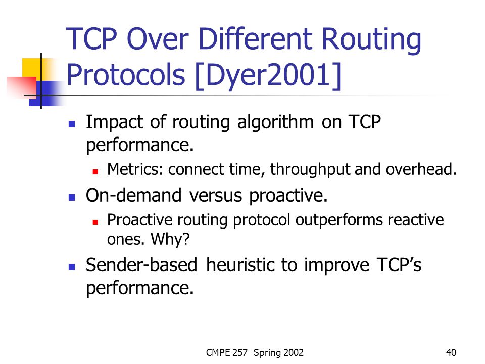 CMPE 257 Spring TCP Over Different Routing Protocols [Dyer2001] Impact of routing algorithm on TCP performance.