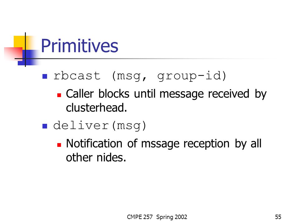 CMPE 257 Spring Primitives rbcast (msg, group-id) Caller blocks until message received by clusterhead.
