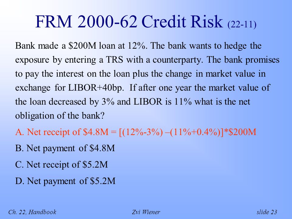 Ch. 22, HandbookZvi Wiener slide 23 FRM Credit Risk (22-11) Bank made a $200M loan at 12%.