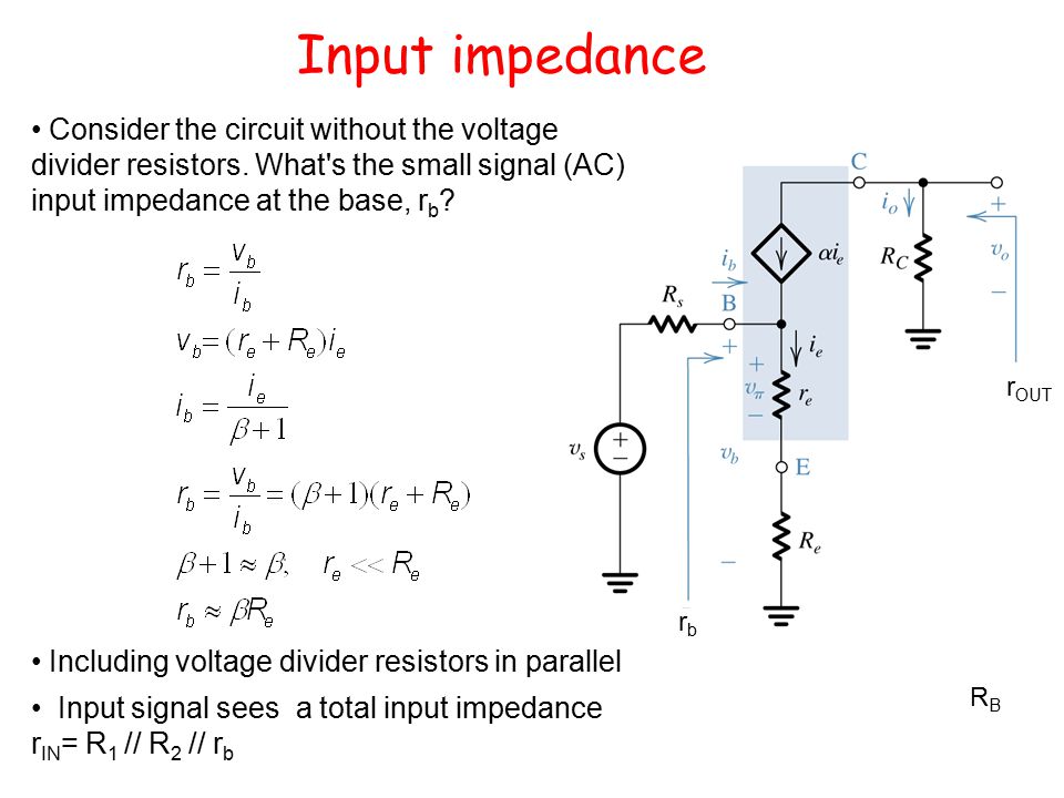 rbrb r OUT Input impedance Consider the circuit without the voltage divider resistors.