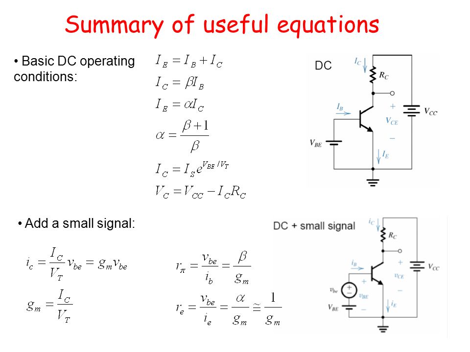 Summary of useful equations Basic DC operating conditions: Add a small signal: