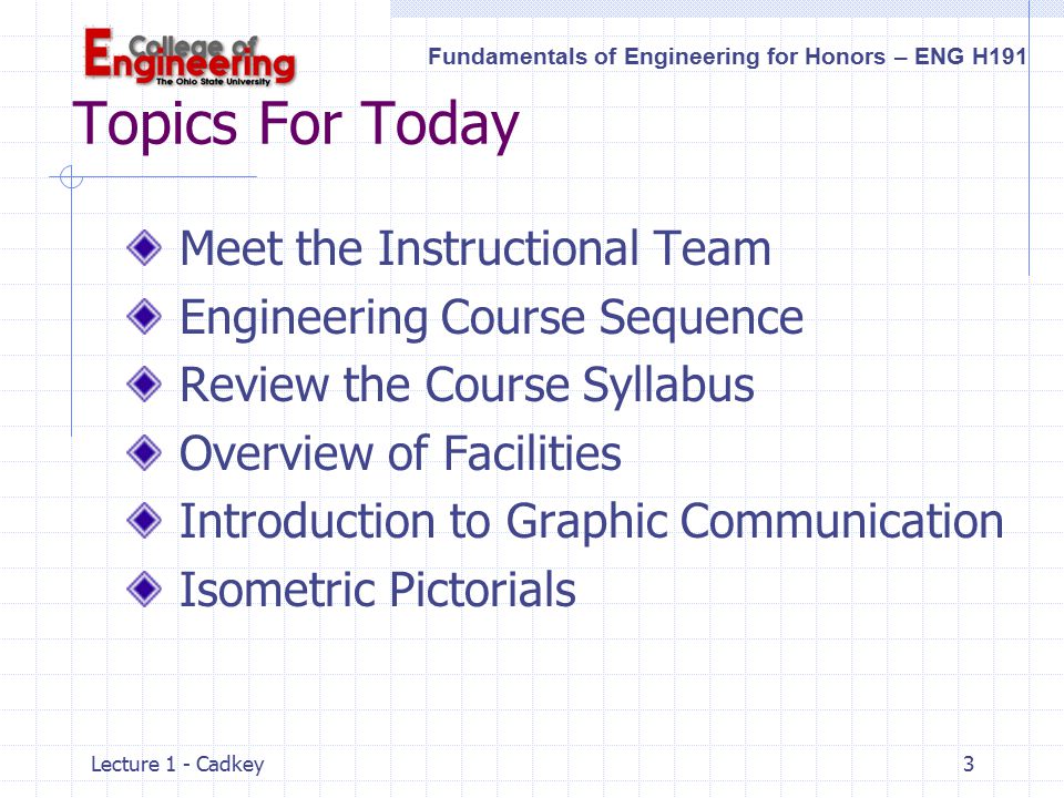 Fundamentals Of Engineering For Honors ENG H191 Lecture 1