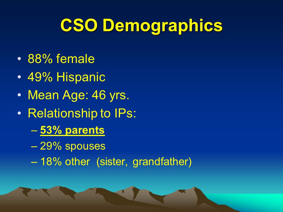 CSO Demographics 88% female 49% Hispanic Mean Age: 46 yrs.