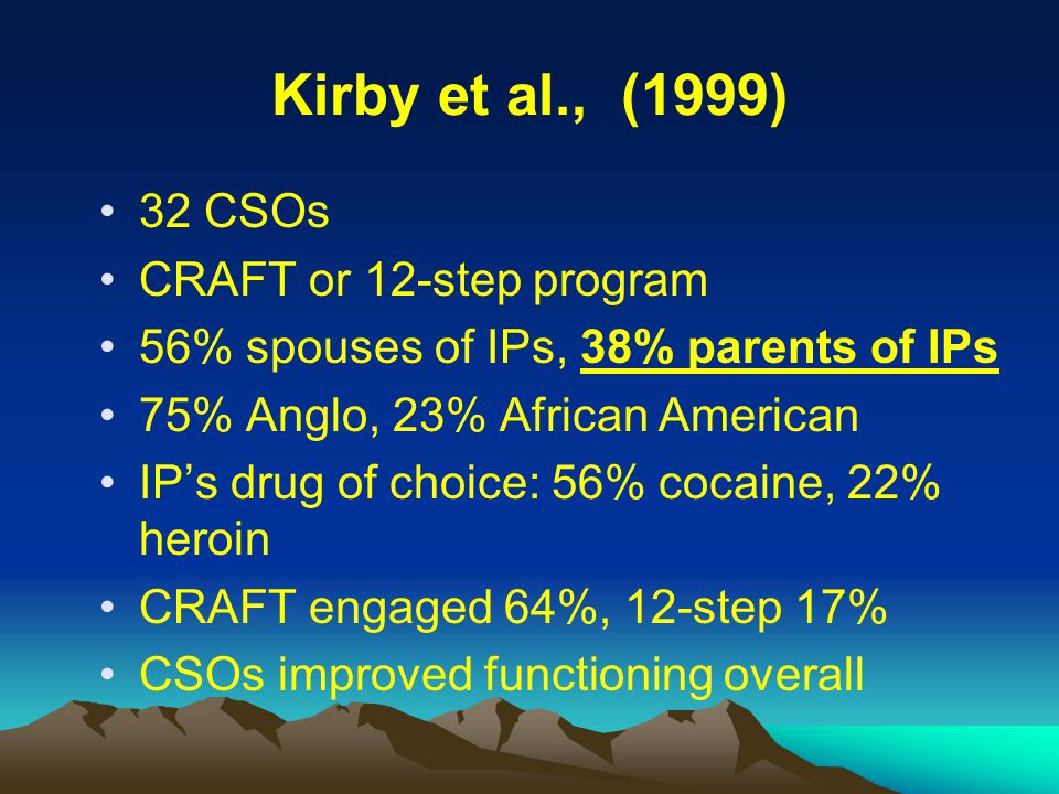 Kirby et al., (1999) 32 CSOs CRAFT or 12-step program 56% spouses of IPs, 38% parents of IPs 75% Anglo, 23% African American IP’s drug of choice: 56% cocaine, 22% heroin CRAFT engaged 64%, 12-step 17% CSOs improved functioning overall
