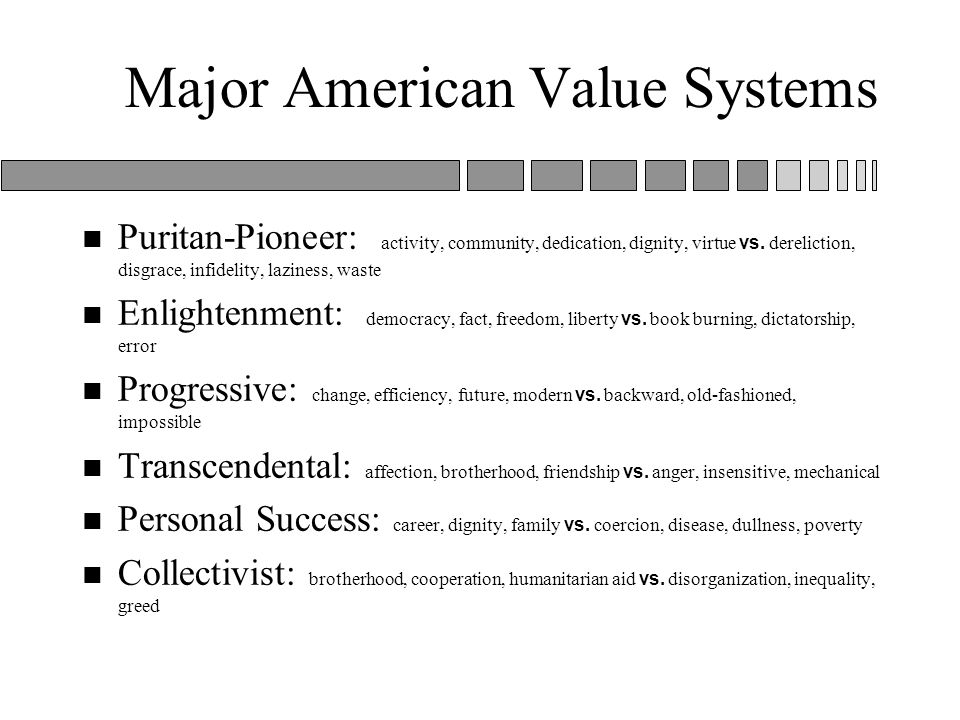Major American Value Systems Puritan-Pioneer: activity, community, dedication, dignity, virtue vs.