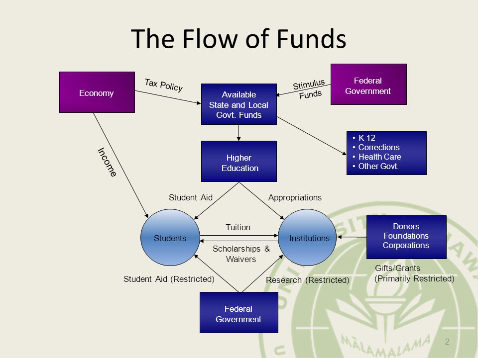 The Flow of Funds Federal Government Tax Policy AppropriationsStudent Aid Tuition Scholarships & Waivers Student Aid (Restricted) Income Available State and Local Govt.