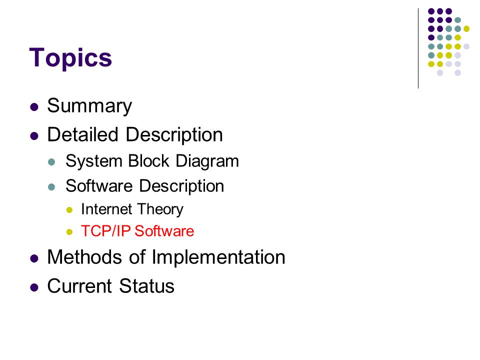 Topics Summary Detailed Description System Block Diagram Software Description Internet Theory TCP/IP Software Methods of Implementation Current Status