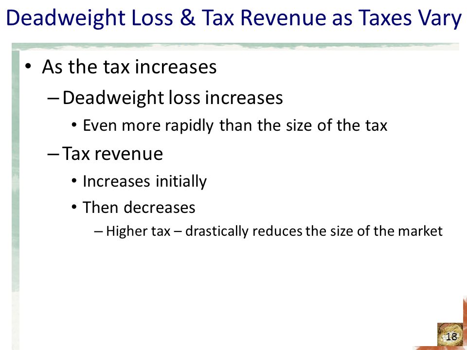 Deadweight Loss & Tax Revenue as Taxes Vary As the tax increases – Deadweight loss increases Even more rapidly than the size of the tax – Tax revenue Increases initially Then decreases – Higher tax – drastically reduces the size of the market 18