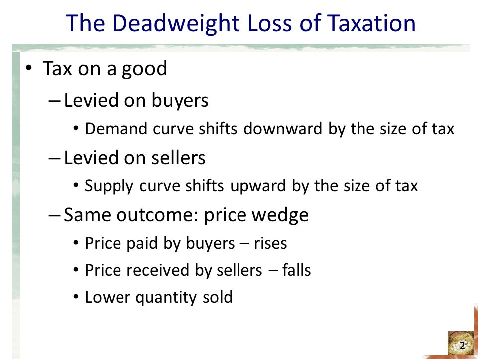 The Deadweight Loss of Taxation Tax on a good – Levied on buyers Demand curve shifts downward by the size of tax – Levied on sellers Supply curve shifts upward by the size of tax – Same outcome: price wedge Price paid by buyers – rises Price received by sellers – falls Lower quantity sold 2