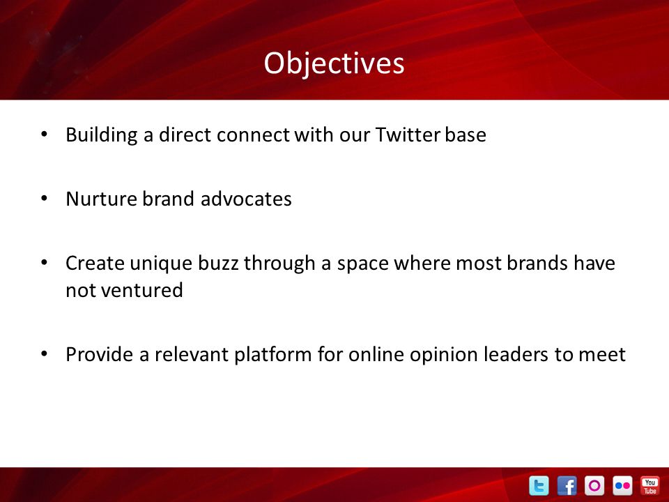 Objectives Building a direct connect with our Twitter base Nurture brand advocates Create unique buzz through a space where most brands have not ventured Provide a relevant platform for online opinion leaders to meet