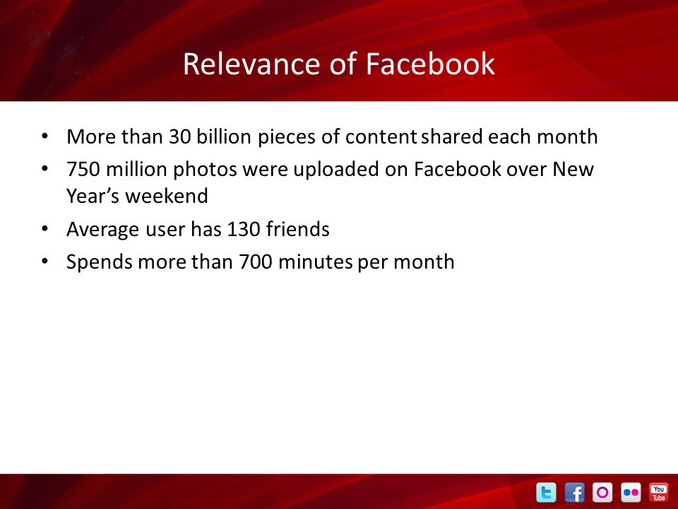 Relevance of Facebook More than 30 billion pieces of content shared each month 750 million photos were uploaded on Facebook over New Year’s weekend Average user has 130 friends Spends more than 700 minutes per month