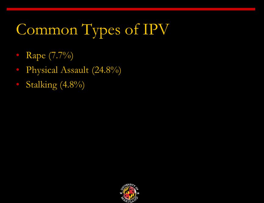Common Types of IPV Rape (7.7%) Physical Assault (24.8%) Stalking (4.8%)