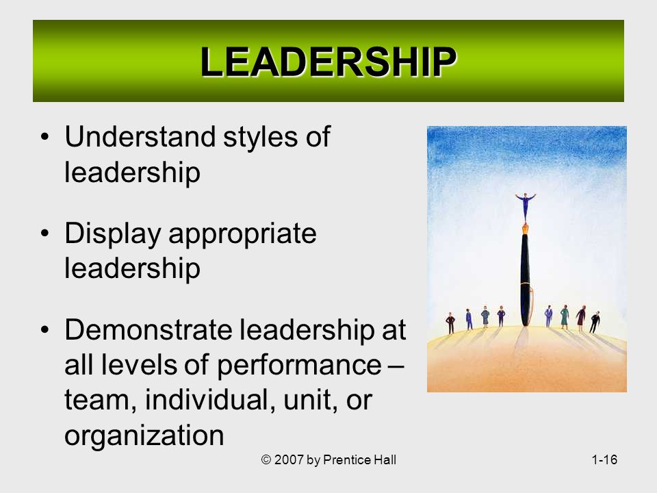 © 2007 by Prentice Hall1-16 LEADERSHIP Understand styles of leadership Display appropriate leadership Demonstrate leadership at all levels of performance – team, individual, unit, or organization