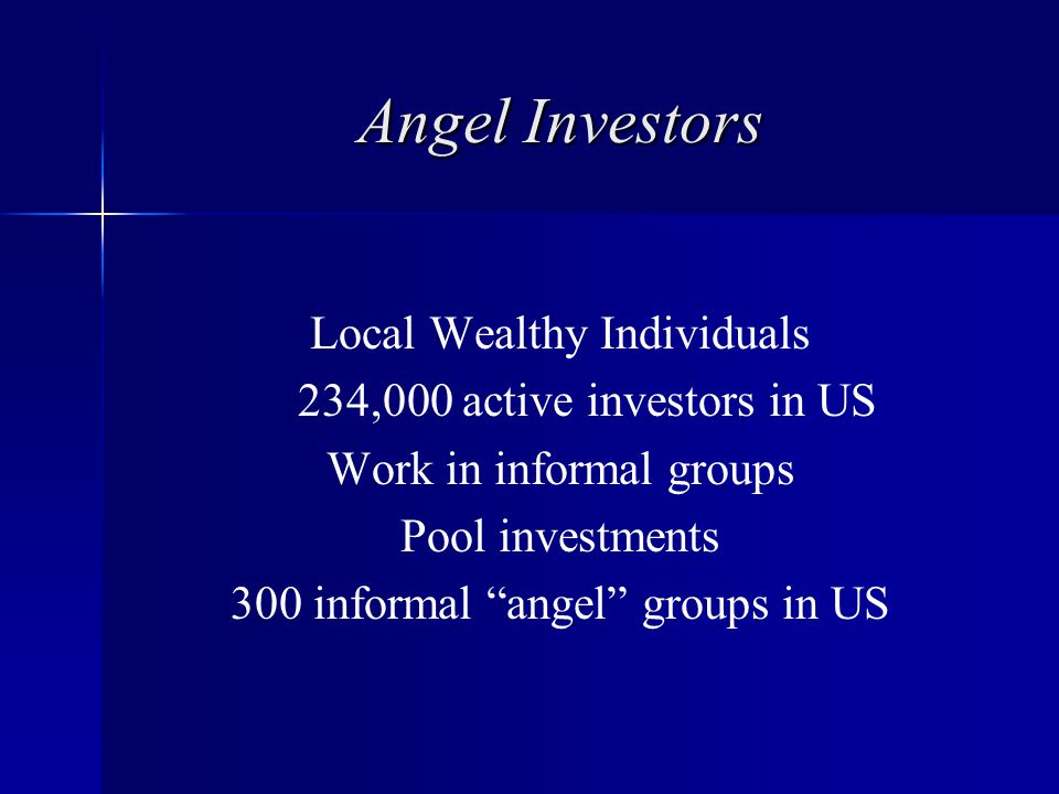 Angel Investors Local Wealthy Individuals 234,000 active investors in US Work in informal groups Pool investments 300 informal angel groups in US