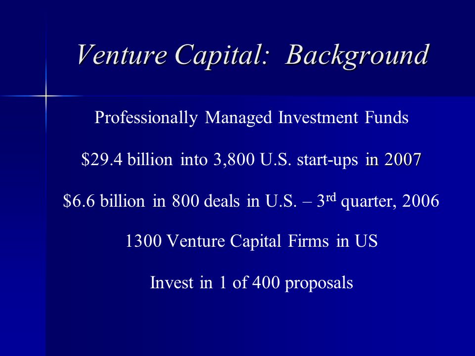 Venture Capital: Background Professionally Managed Investment Funds in 2007 $29.4 billion into 3,800 U.S.
