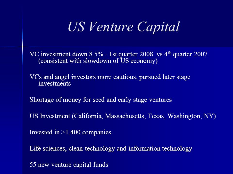 US Venture Capital VC investment down 8.5% - 1st quarter 2008 vs 4 th quarter 2007 (consistent with slowdown of US economy) VCs and angel investors more cautious, pursued later stage investments Shortage of money for seed and early stage ventures US Investment (California, Massachusetts, Texas, Washington, NY) Invested in >1,400 companies Life sciences, clean technology and information technology 55 new venture capital funds