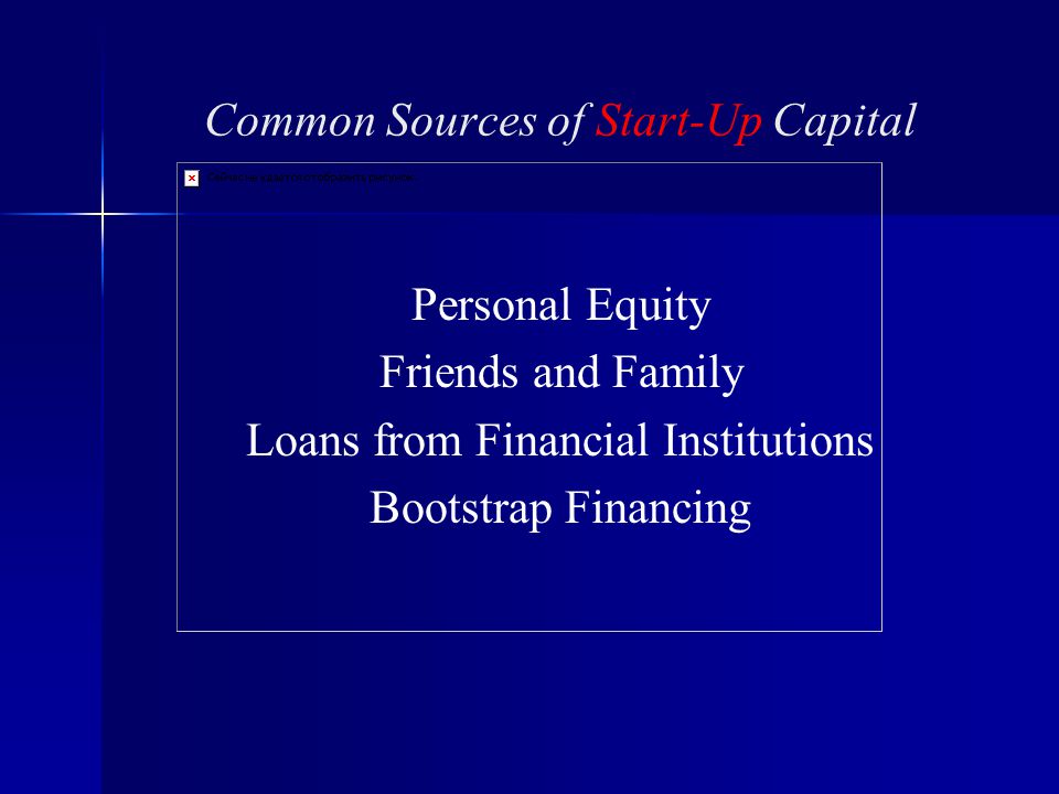 Common Sources of Start-Up Capital Personal Equity Friends and Family Loans from Financial Institutions Bootstrap Financing