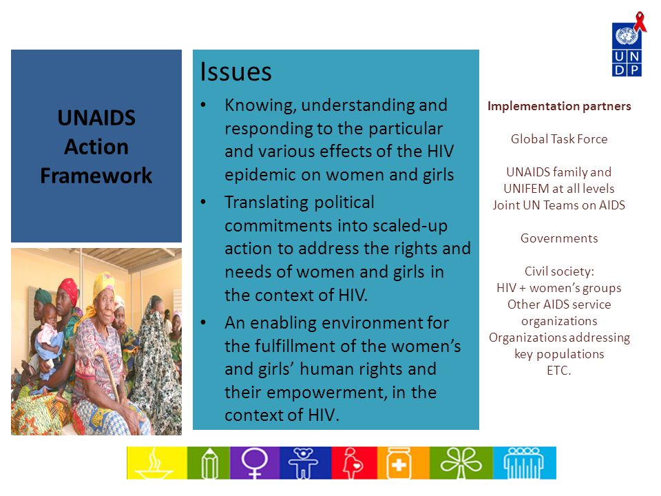 UNAIDS Action Framework Implementation partners Global Task Force UNAIDS family and UNIFEM at all levels Joint UN Teams on AIDS Governments Civil society: HIV + women’s groups Other AIDS service organizations Organizations addressing key populations ETC.