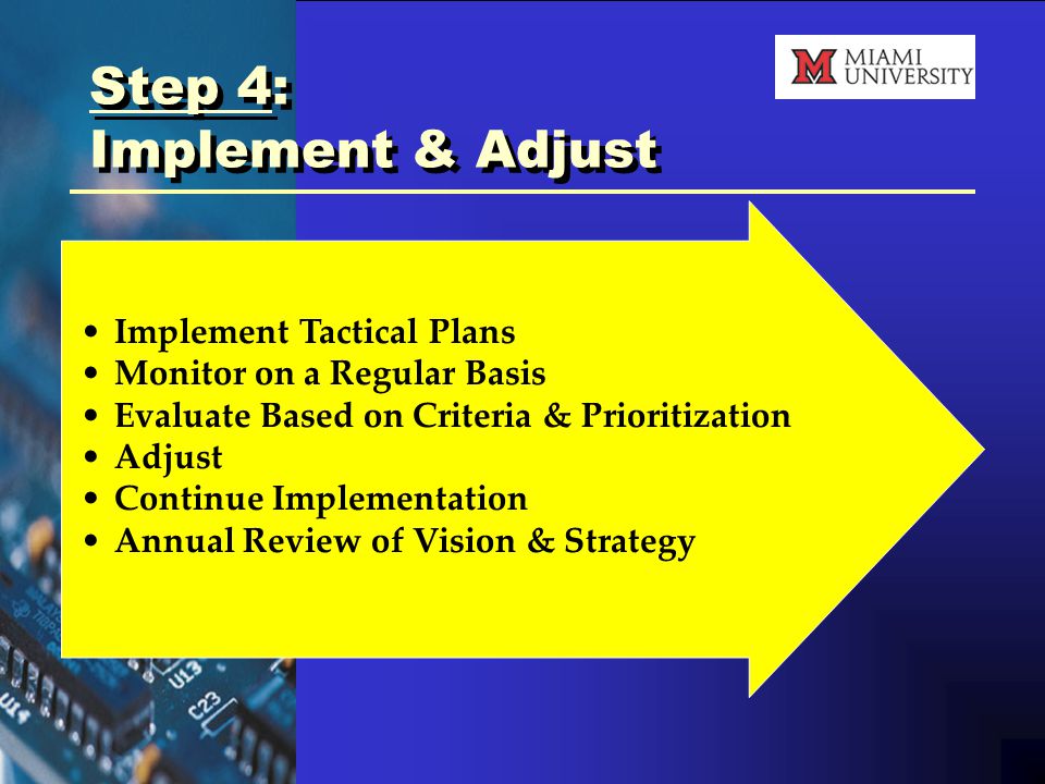 Step 4: Implement & Adjust Implement Tactical Plans Monitor on a Regular Basis Evaluate Based on Criteria & Prioritization Adjust Continue Implementation Annual Review of Vision & Strategy
